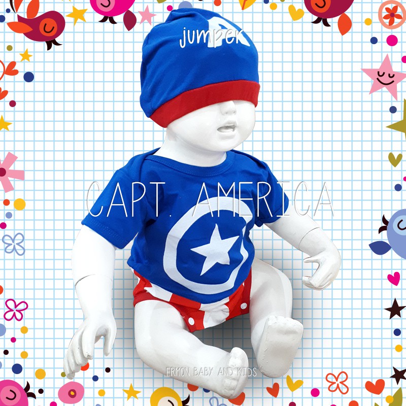 Ermon Baby - Jumper Bayi Laki Laki Jumper Baby Cowok Lucu Karakter Superhero Captain Amerika + Topi Usia 0 - 12 Bulan
