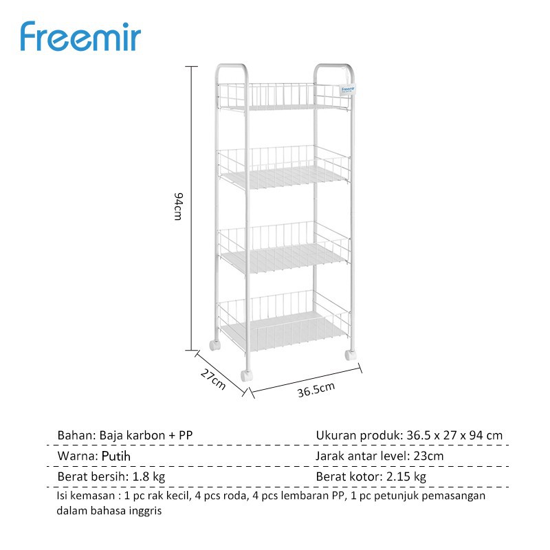 freemir Rak Susun Dapur 4 Tingkat Beroda Tempat Penyimpanan Serbaguna
