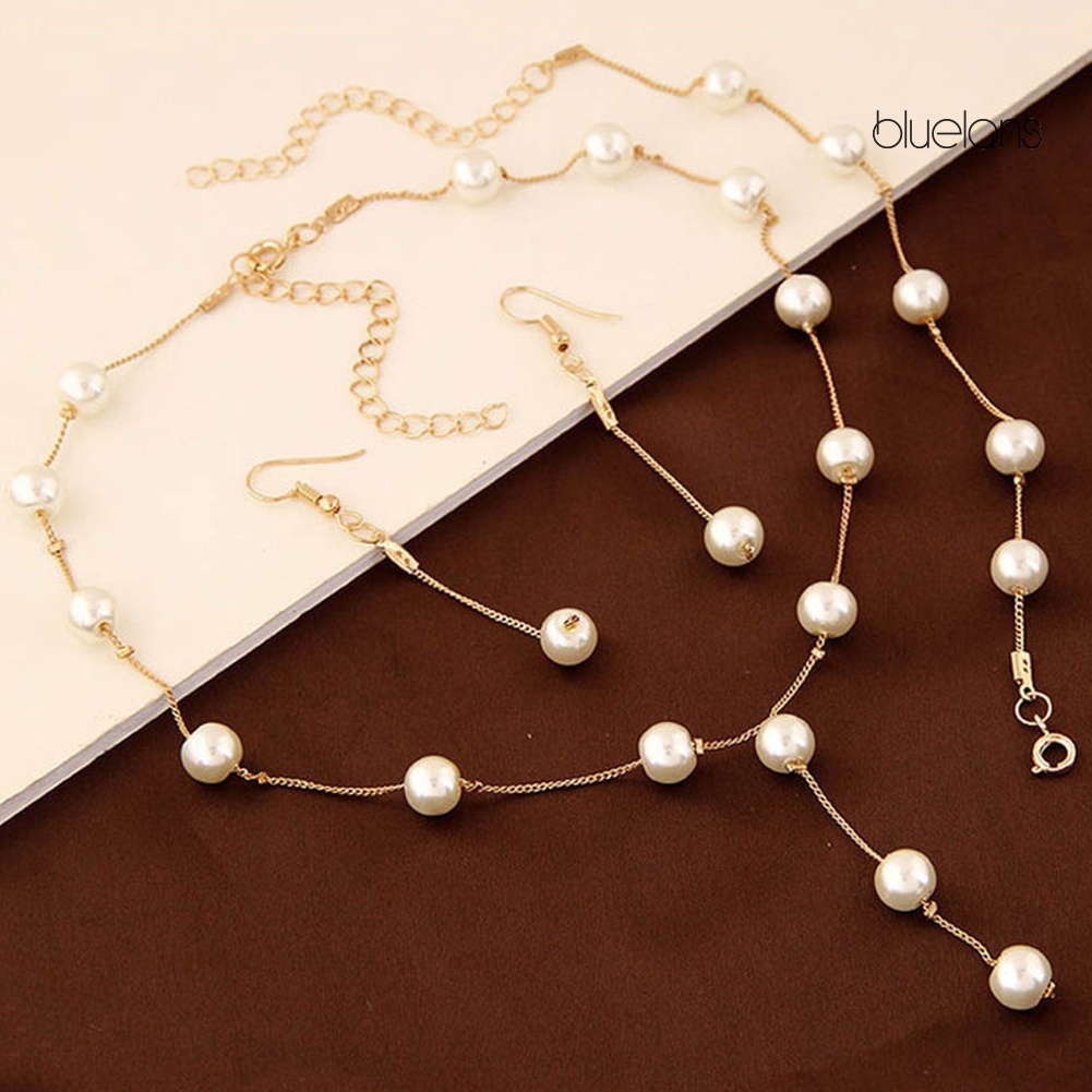 Bluelans 3Pcs Sweet Women Faux Pearl Long Chain Dangle Earrings Bracelet Necklace