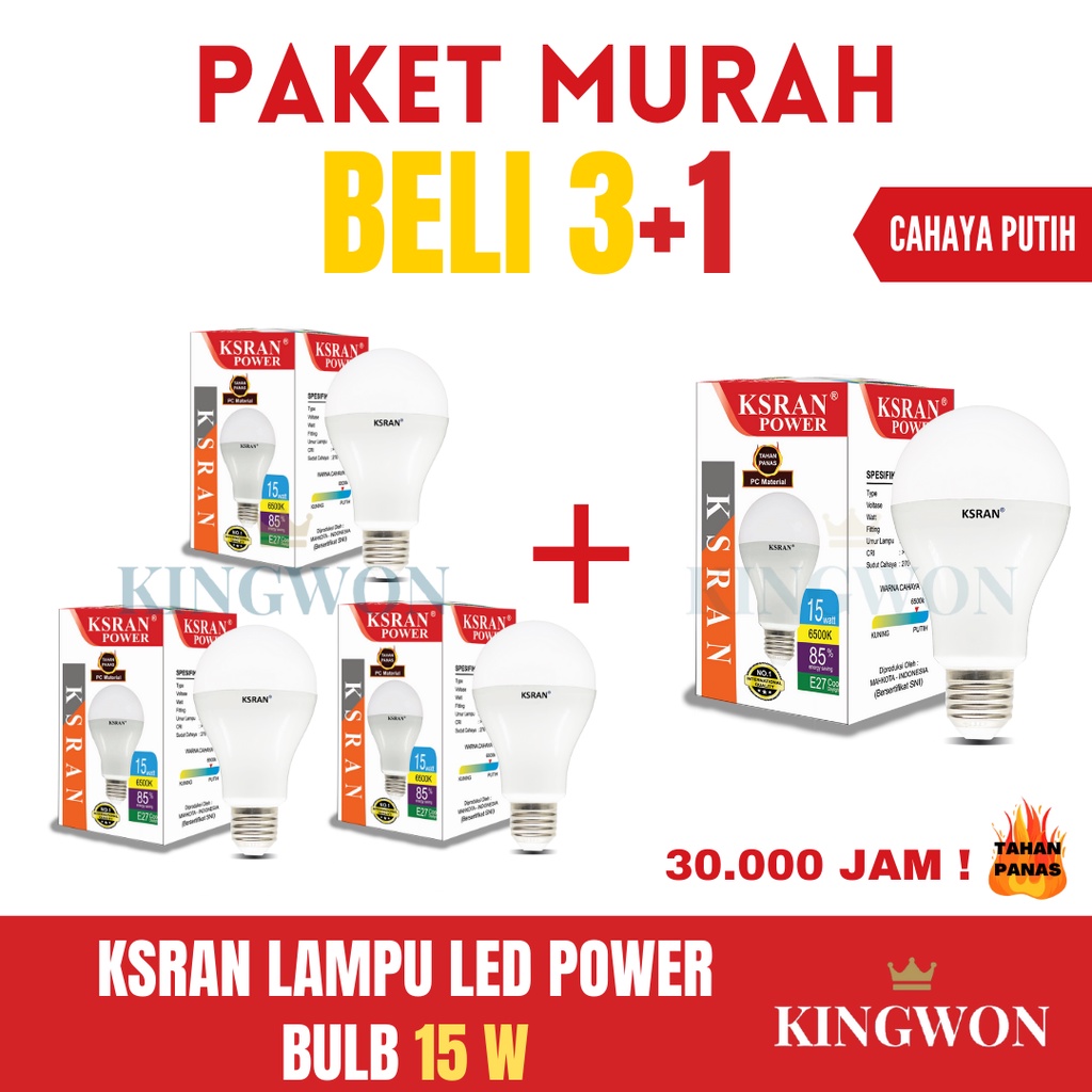 KSRAN Lampu LED 15 watt POWER - (PAKET BELI 3 GRATIS 1) BUNDLE