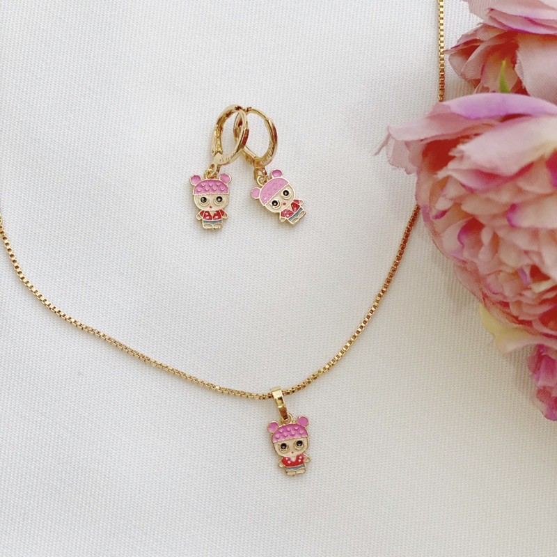 Set Perhiasan Anak Pink Bubble LOL (Kalung + Sepasang Anting)