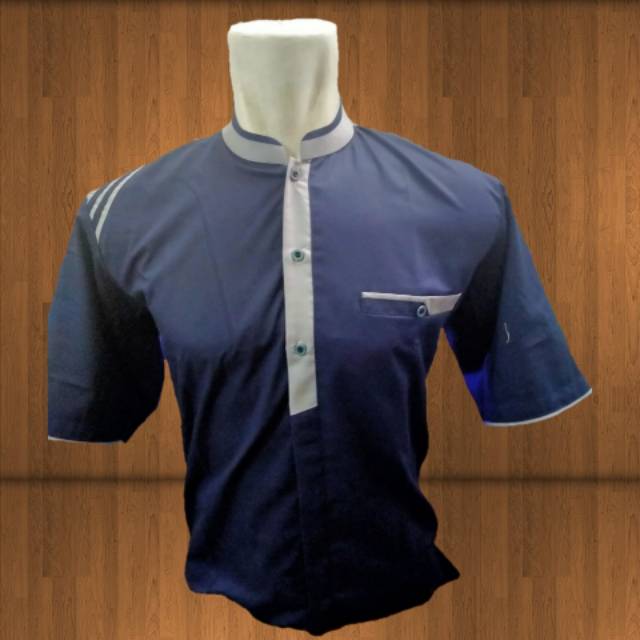 Baju koko dewasa lengan pendek biru donker bahan katun toyobo