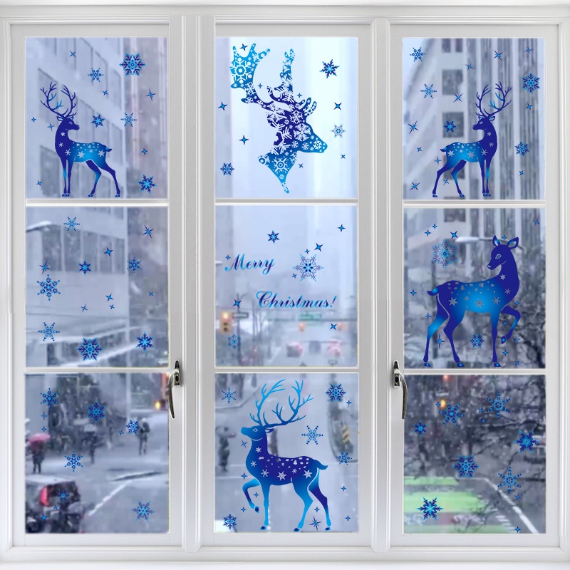 [Removable Christmas Snowflake Window Stickers] [Blue Snowflake Elk PVC Wall Glass Stickers For Home New Year Xmas Party Decor Noel]