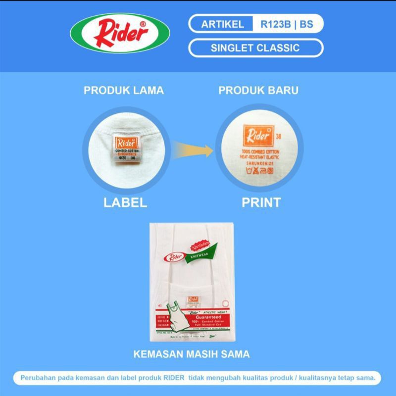[ 1 pcs ] RIDER ORIGINAL |  RIDER KAOS DALAM RIDER DEWASA/KAOS DALAM PRIA/SINGLET RIDER PUTIH SALUR
