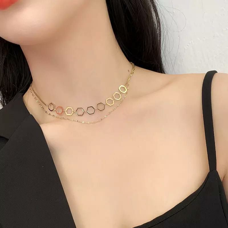 kalung titanium wanita hexagonal  2layer
