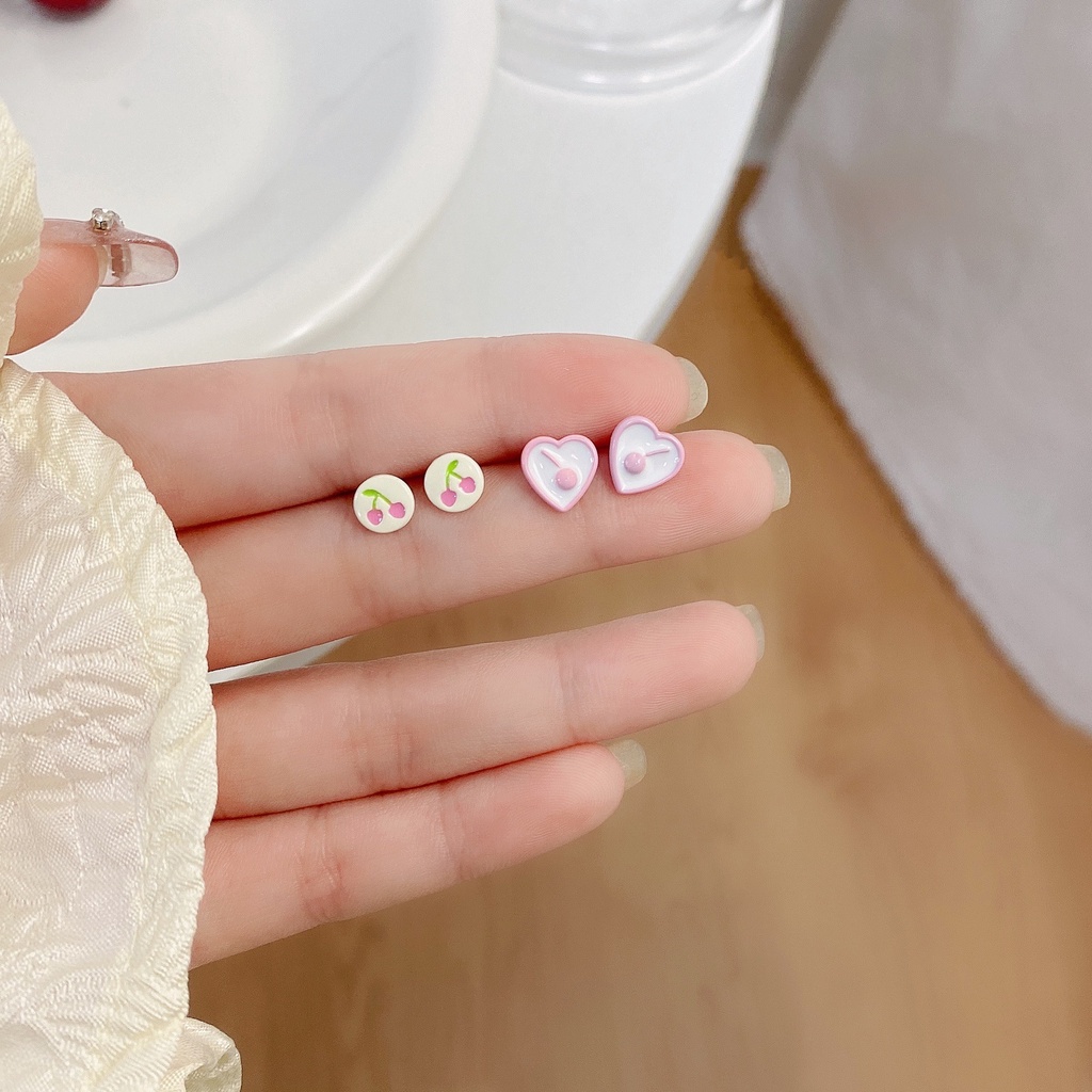 YEEZII 3 Pasang / Set Anting Stud Bentuk Cherry Heart Butterfly Aksen Mutiara Untuk Wanita