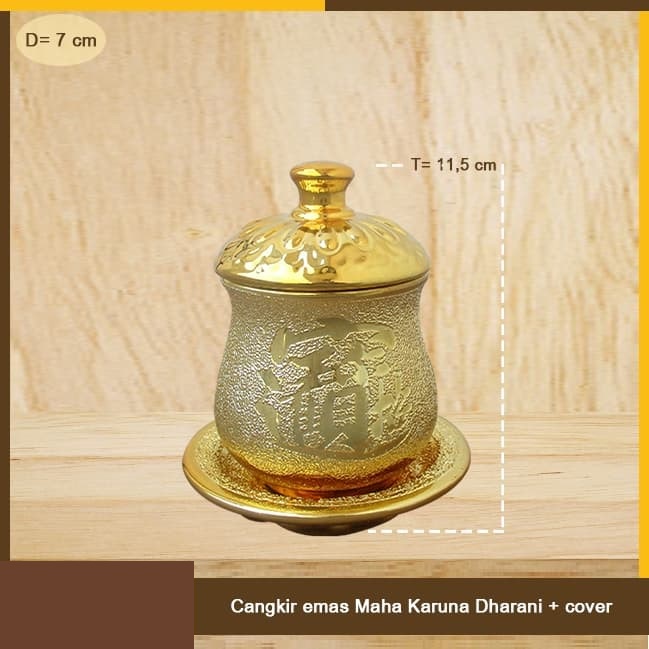 Cangkir puja sembahyang keramik emas Maha Karuna Dharani medium+cover