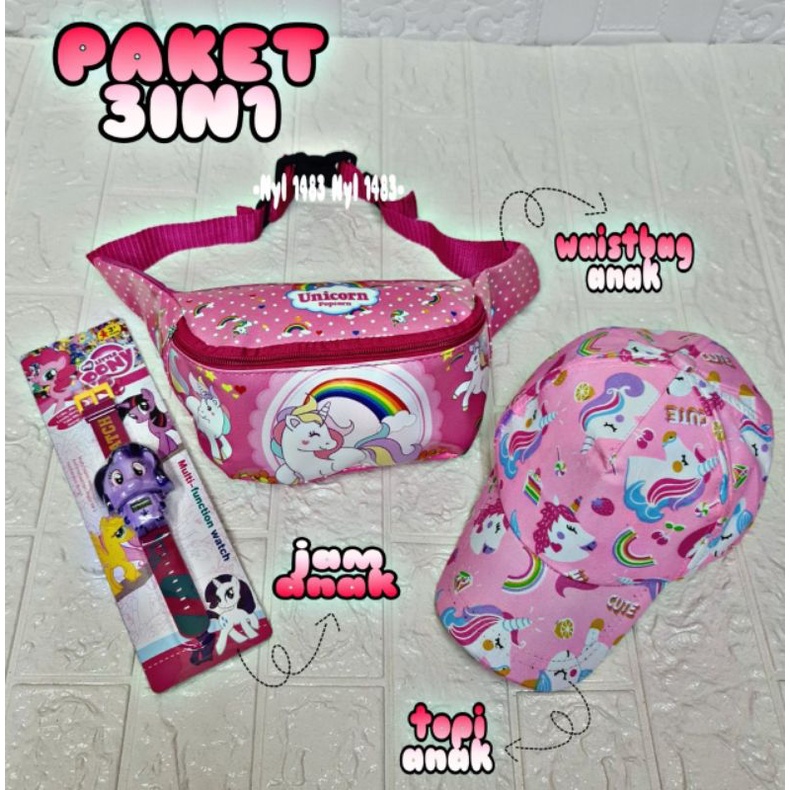 Paket Murah 3in1 tas selempang waistbag anak Perempuan + topi dan jam tangan