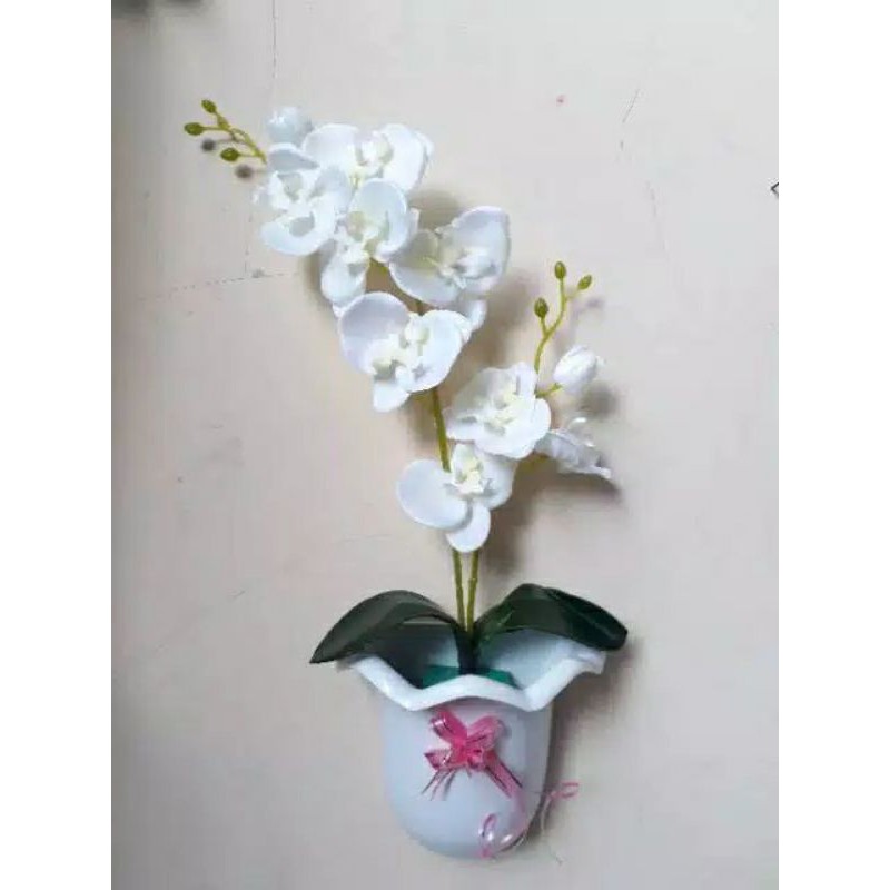 bunga anggrek vas tempel dinding/bunga hias dinding/bunga anggrek kain tempel dinding