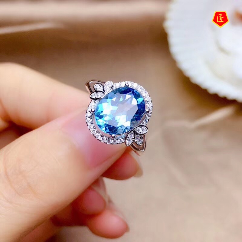 [Ready Stock]Fashionable Temperament Micro-Inlaid Oval Blue Topaz Ring