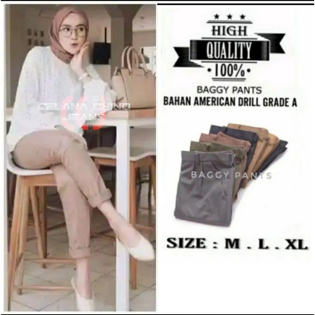 PROMO COD BAGGY PANTS CELANA WANITA CEWEK KEKINIAN KOREA OUTFIT OOTD AMERICAN DRILL IMPOR PUTIH