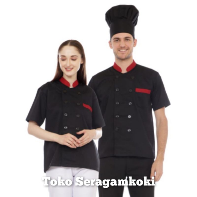 Baju chef baju koki lengan pendek kombinasi