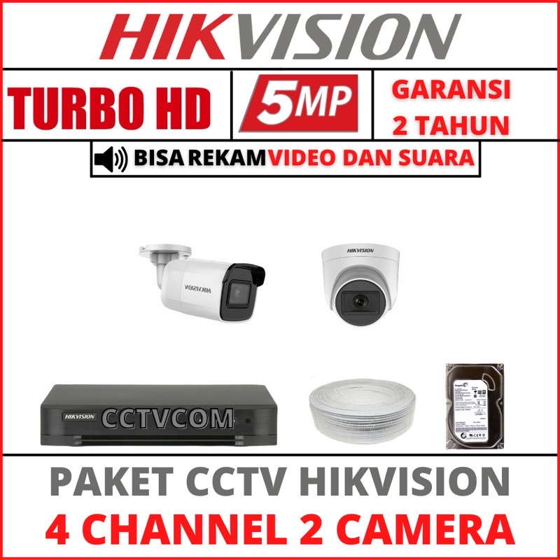 PAKET CCTV HIKVISION 4 CHANNEL 2 KAMERA 5MP TURBO HD/AUDIO SERIES 2560P KOMPLIT TINGGAL PASANG