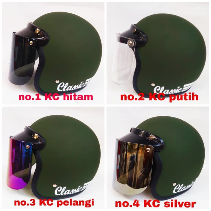 SALE helm bogo retro classic full cat warna hijau army doff kaca datar - Hijau Army Doff No.4 kca Si