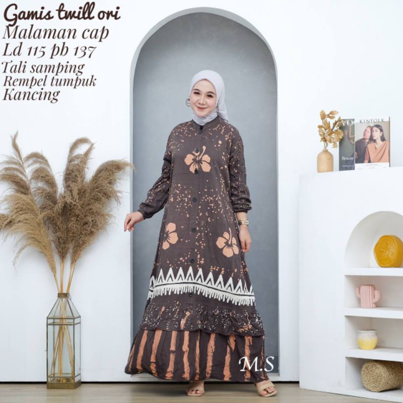 Gamis Batik Cap Twill Ori Gamis Busui Kancing Depan Model Rempel Bawah Susun Tumpuk Gamis Syar'i Wan