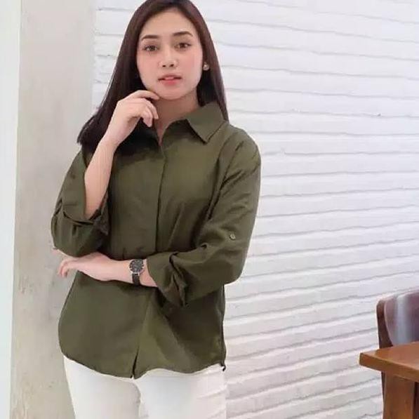 BAJU KEMEJA WANITA POLOS CASUAL HITAM WANITA LENGAN PANJANG Grosir Bajuu-Hijau Army