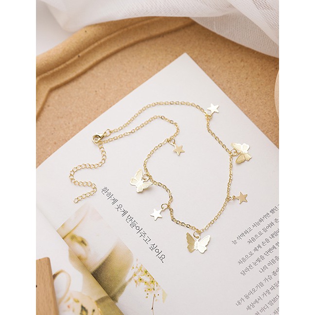 LRC Kalung Wanita Fashion Golden Butterfly Five-pointed Star Alloy Tassel Necklace K42013