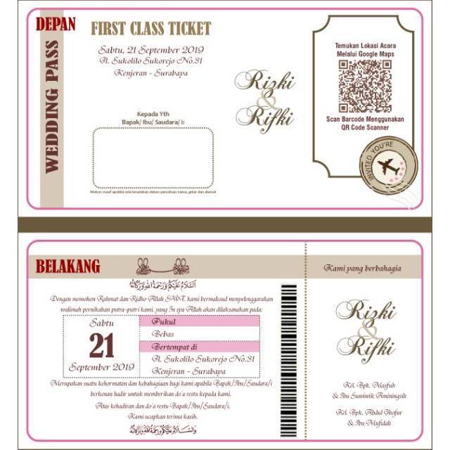 Undangan Pernikahan Kabinet Jasmine Selembar Bolak Balik Custom Design Boarding Pass 500