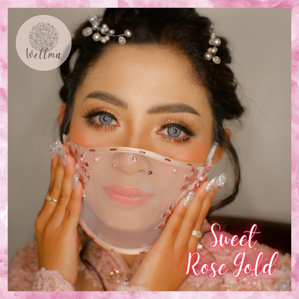 Masker Brukat Premium Cantik Pengantin Hijab Pesta Transparan Payet Mika Rose Gold