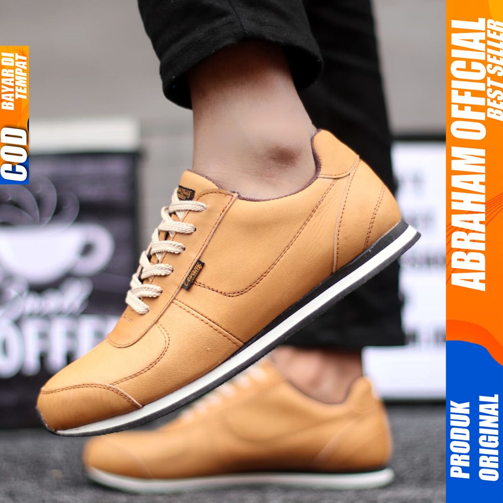 Sepatu Kulit Asli Sneakers Hitam Kerja Santai Pria Abraham Morley