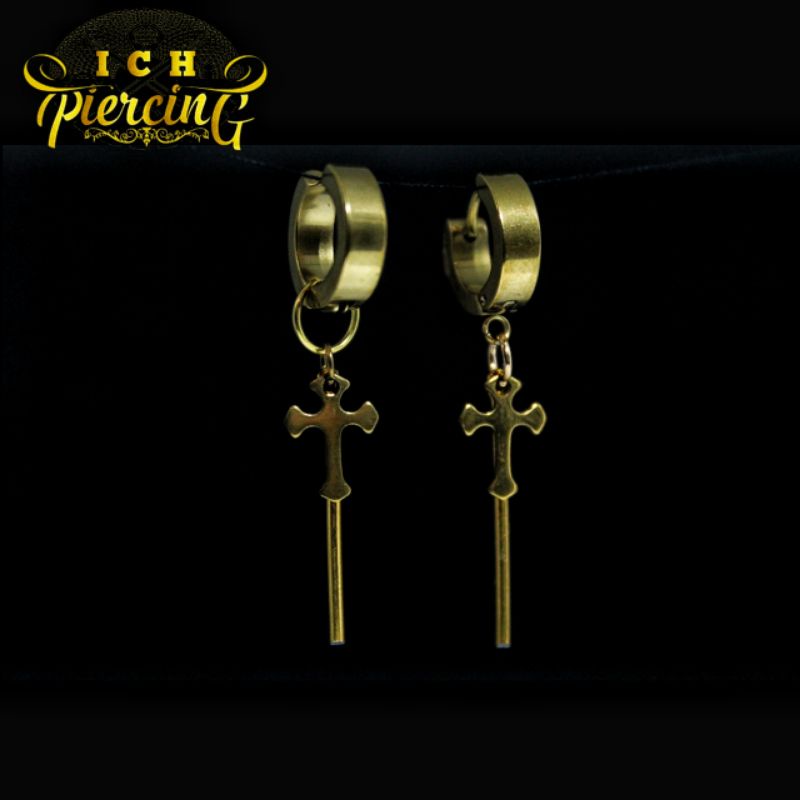 1pcs Anting cowok Fashion Jungkook BTS / Anting pria motif salib batang gold korean style