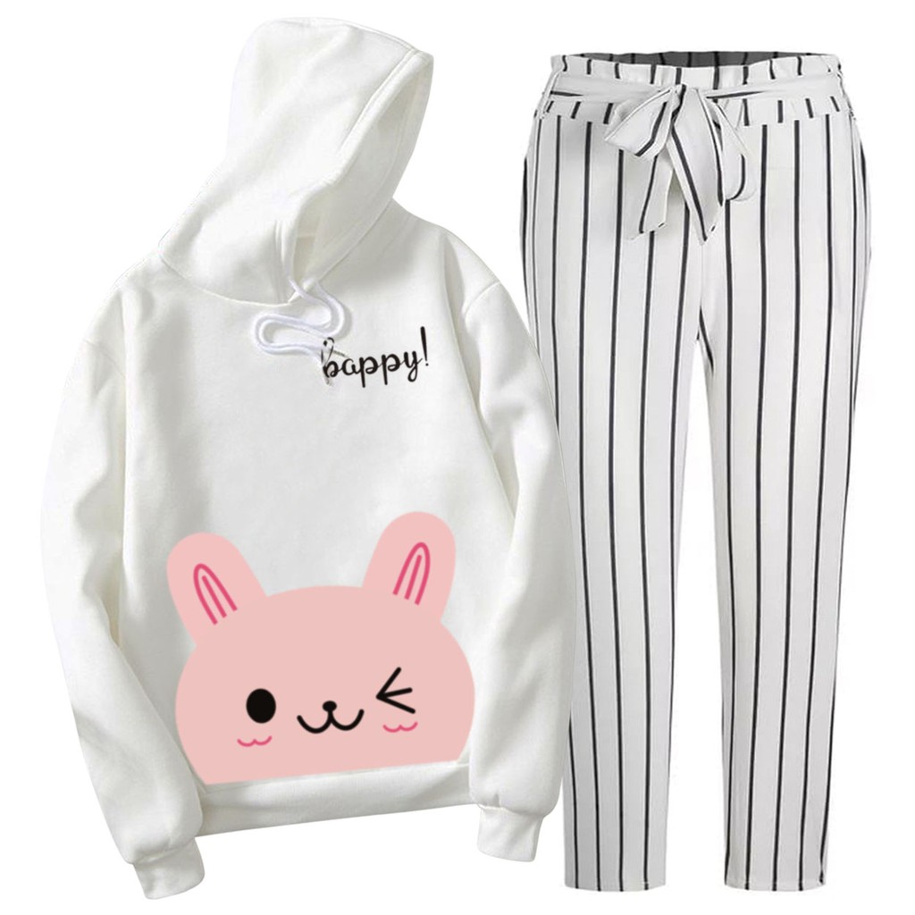 BESS - Setelan Hoodie Wanita Murah / Setelan Hoodie + Celana Salur Putih - HAPPY CAT