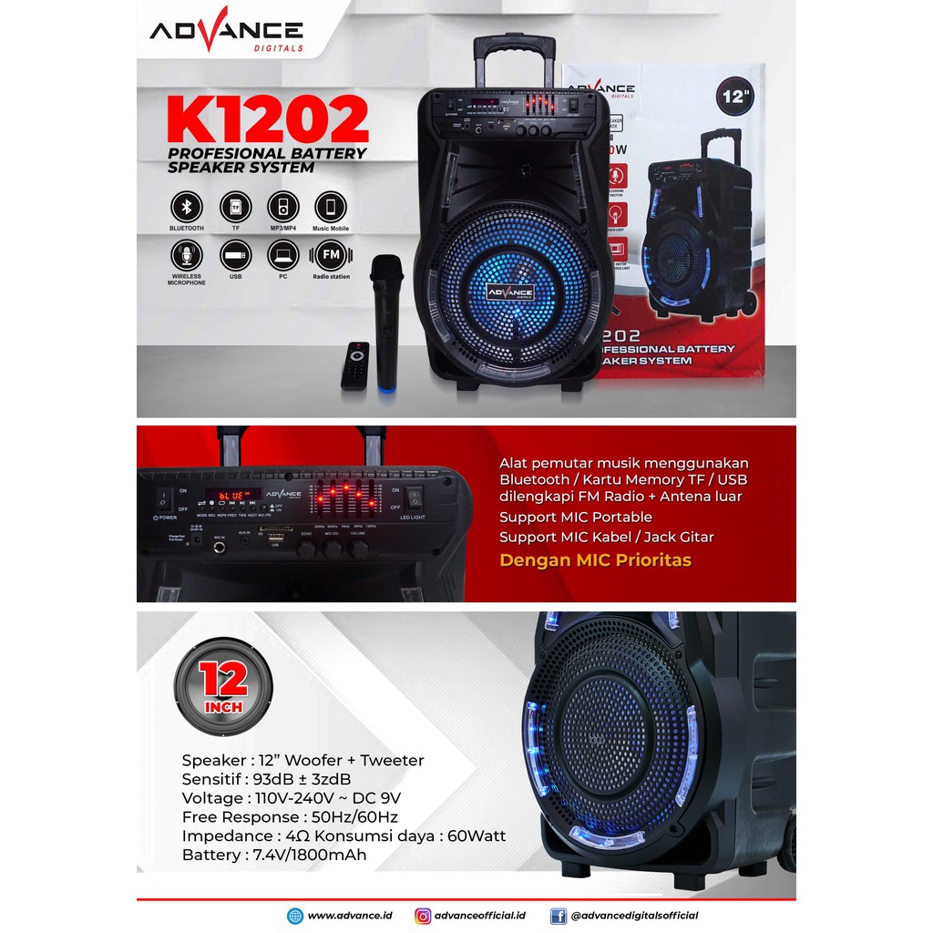 Advance Speaker meeting bluetooth K 1202 ukuran jumbo speaker 12 inc