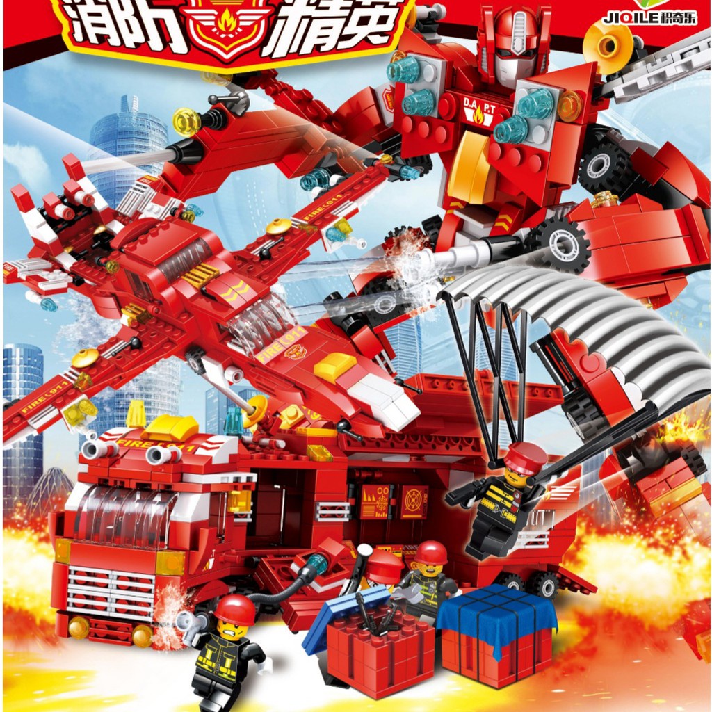 [MS]632pcs Balok Susun Robot Mobil Pemadan Kebakaran / Balok Transformer Fire Fighter