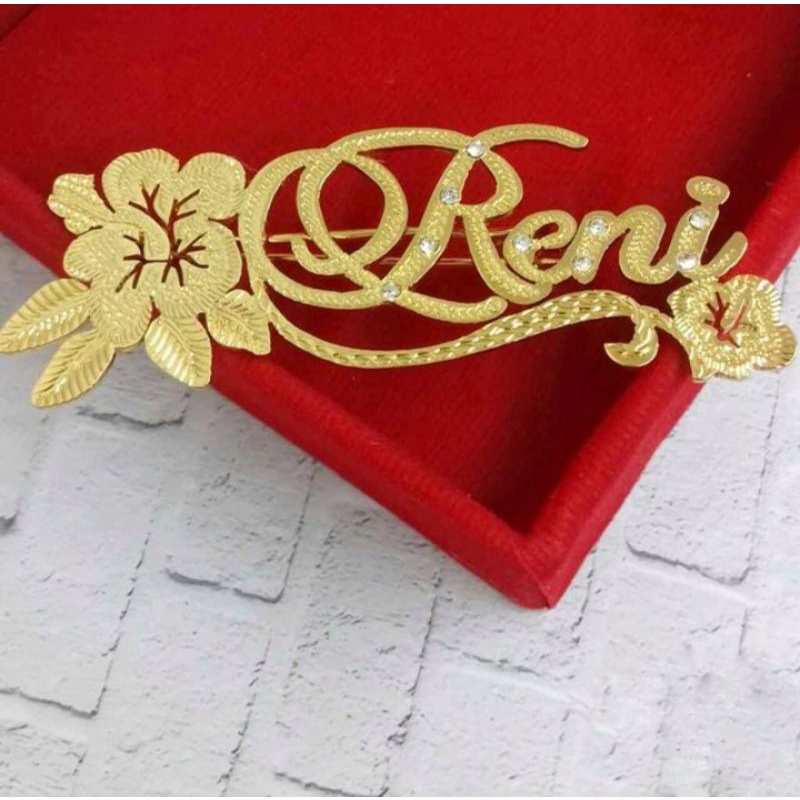 Bros pin nama custom lapis emas /Bros huruf tempah nama