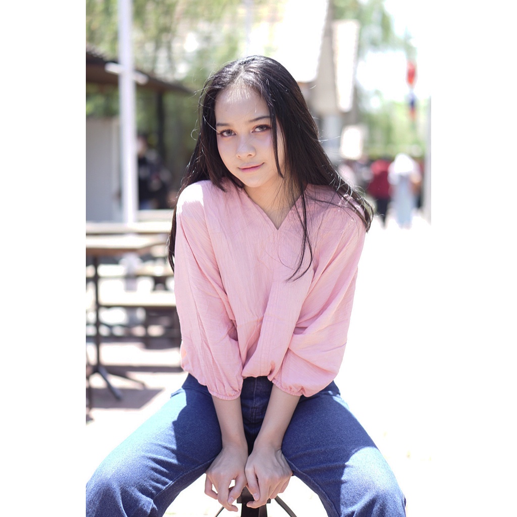 Blouse Wanita Jumbo Oversize Outfit Baju Atasan Wanita Big Size Ootd Blus Wanita Lengan Panjang-Pink