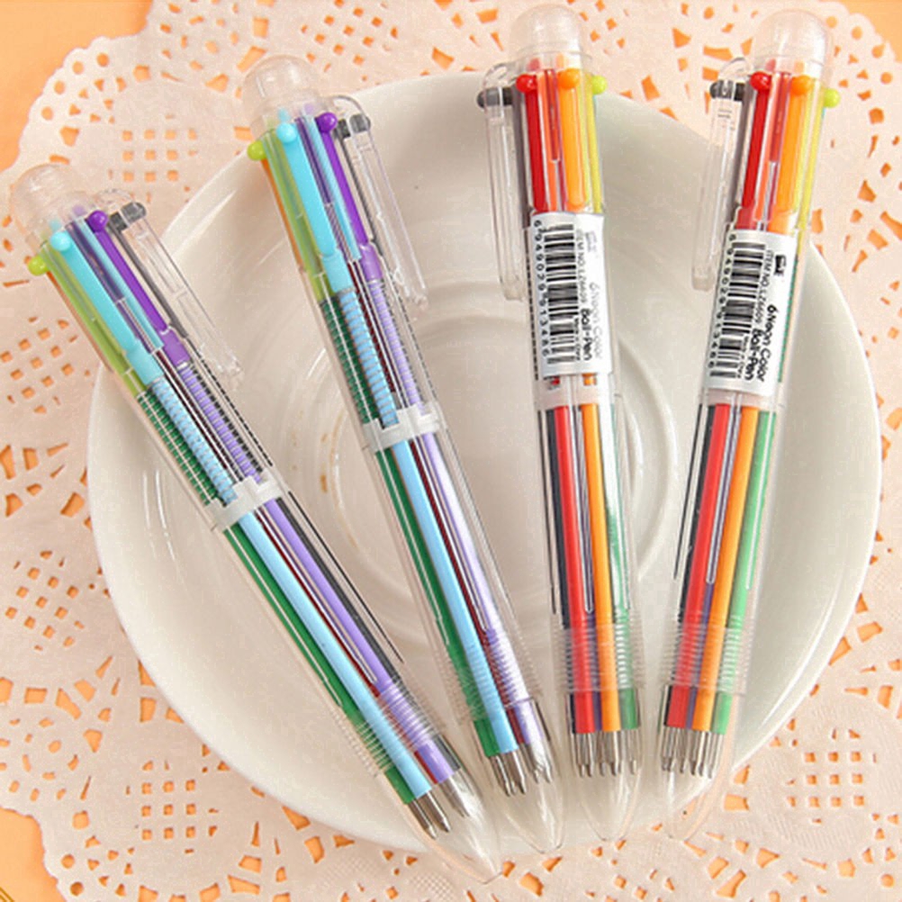 Pulpen 6 In 1 Warna Warni / Biru / Hitam untuk Stationery Sekolah / Kantor