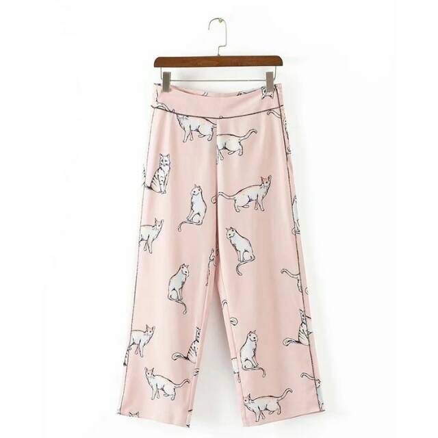 MC21187 Celana Panjang Wanita Pink Kitten Print Trousers Fashion Import Murah Size L