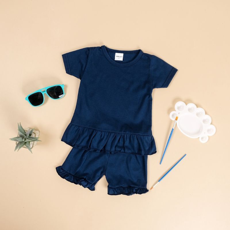 Setelan anak perempuan polos model ruffle lucu/ baju rumahan anak/baju bayi lucu/baju bayi perempuan