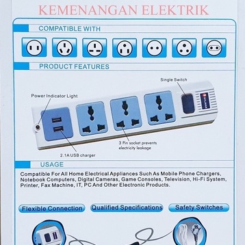 PHILMAX STOP KONTAK 3 LUBANG + 2 USB PORT 2.1A + SWITCH / SAKLAR / COLOKAN LISTRIK 3 LOBANG + 2 USB CHARGER 2,1A KABEL 1.8M 1,8METER