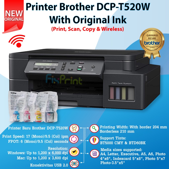 Printer Brother DCP-T520W T520 WiFi Print Scan Copy Tinta D60Bk BT5000