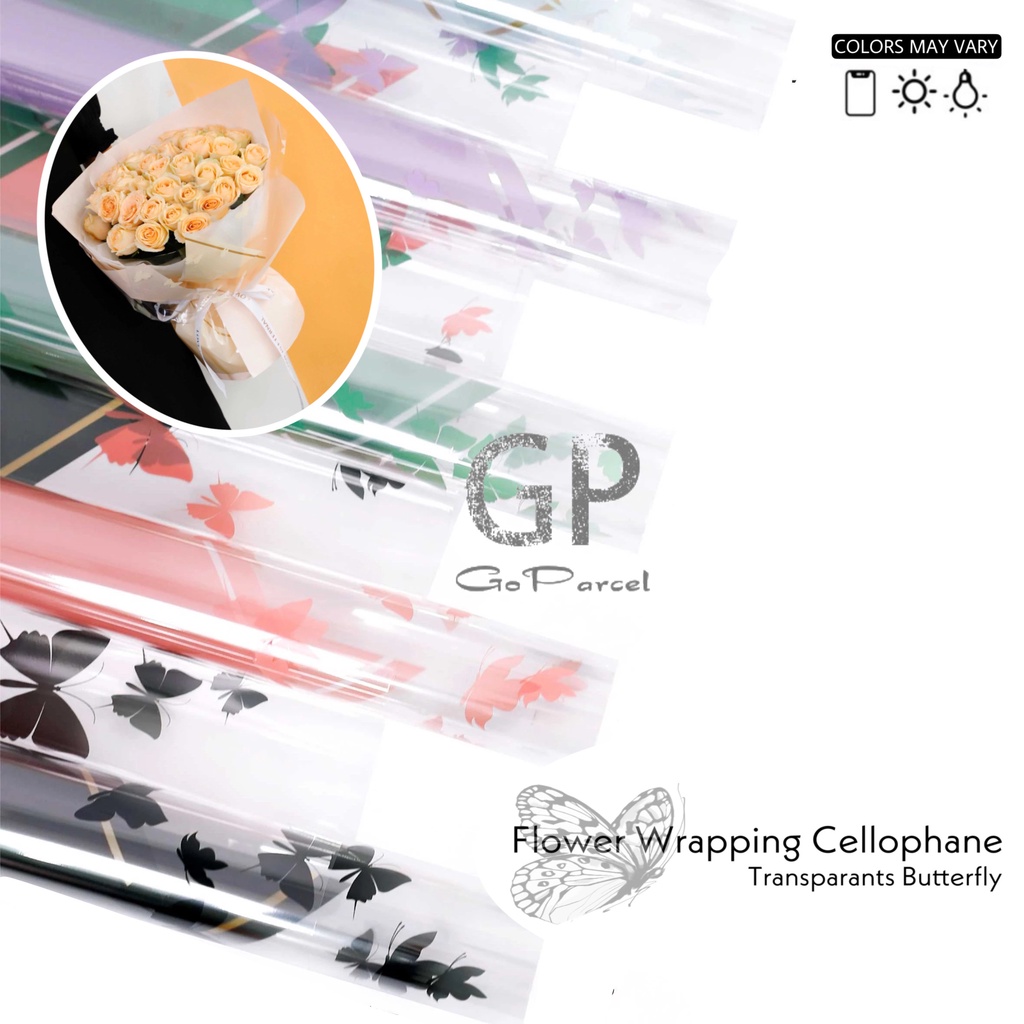 ( 5 Lembar ) TRANSPARANT BUTTERFLY - FLOWER WRAPPING PAPER TUNE COLOR KOREAN CELLOPHANE - KERTAS BUNGA PLASTIK BENING TEMBUS PANDANG KUPU KUPU CUTE LUCU / KARANGAN BUKET BOUQUET / FLORIST