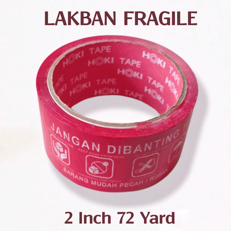 Lakban Fragile MERAH 2 Inch 72 Yard - Isolasi Solasi Anti Pecah Belah Stiker Jangan Dibanting