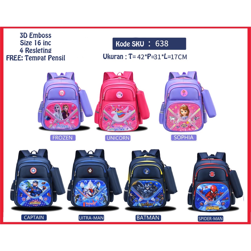 Tas Sekolah SD Ransel Anak Laki &amp; Perempuan Backpack School Import 3D Emboss FREE Tempat Pensil Tas Anak Sekolah Cewek &amp; Cowok Karakter