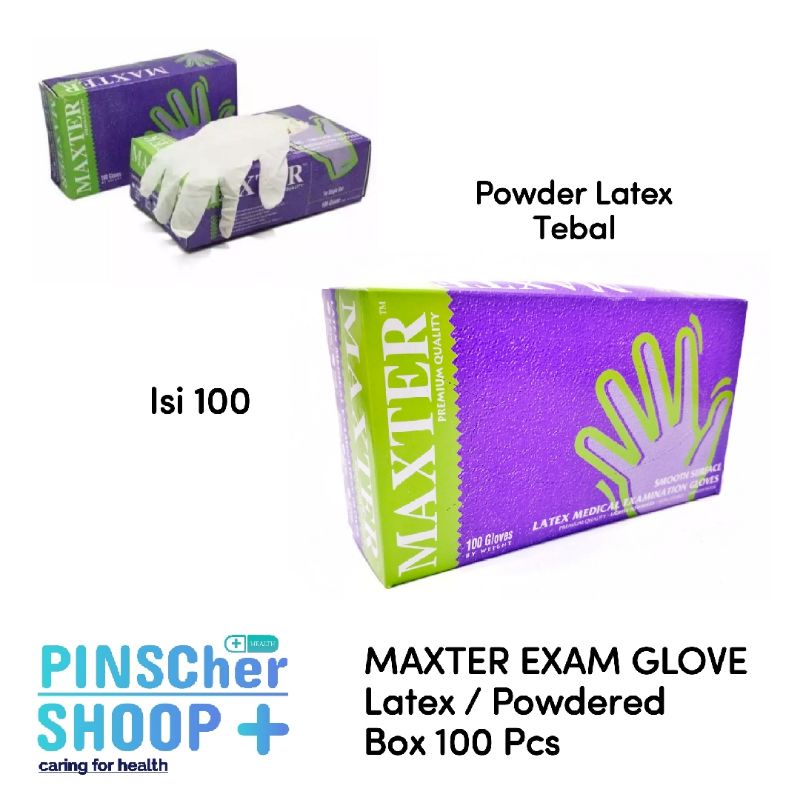 MAXTER SARUNG TANGAN LATEX MEDIS POWDER HANDSCOON LATEX BEDAK BOX 100 PCS XS/S/M/L