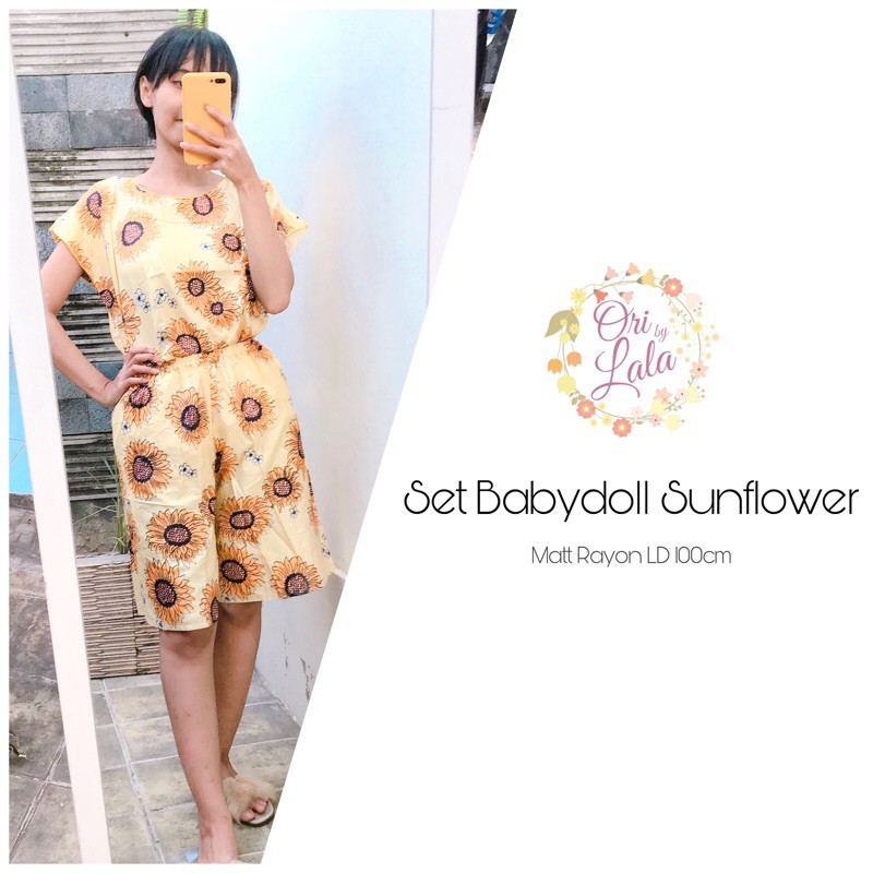 Set Babydoll Sunflower Cantik Baju Tidur Modern Stelan Setcel Bunga Matahari