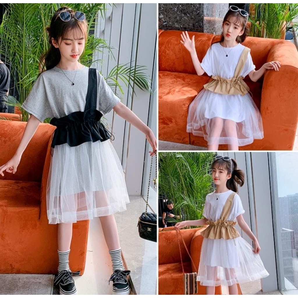 Promo !! Dress anak perempuan korean lucu / dress 2in1 trendy curly korean ukuran 2-4tahun