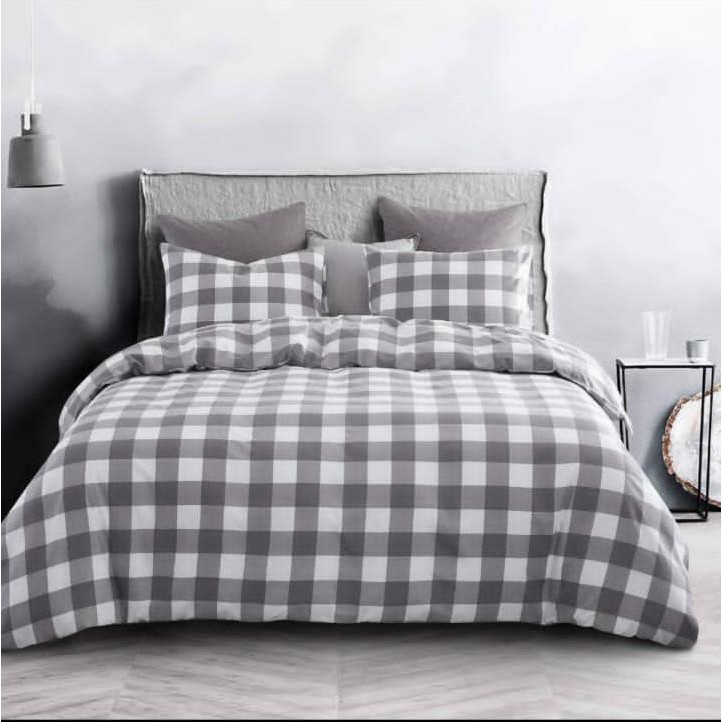 Sprei kotak Aesthetic ukuran 180x200/160x200/120x200/90x200 hitam/abu/biru/putih bahan katun halus free sarung bantal dan sarung