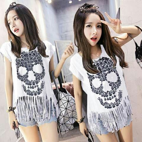 Top Rumbai Skull Putih Baju Atasan Wanita Blouse Rumbai Terlaris