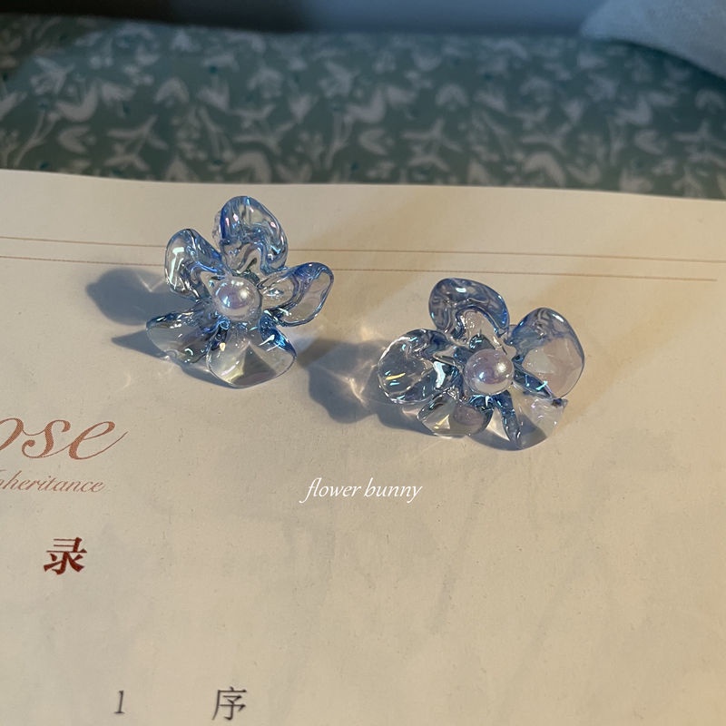 2 silver clear biru muda kristal transparan bunga stud anting-anting lucu peri biru muda musim semi