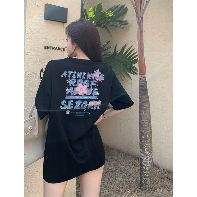 XIAOZHAINV Kaos Atasan Wanita Letter Pattern Lengan Pendek Hitam 0021