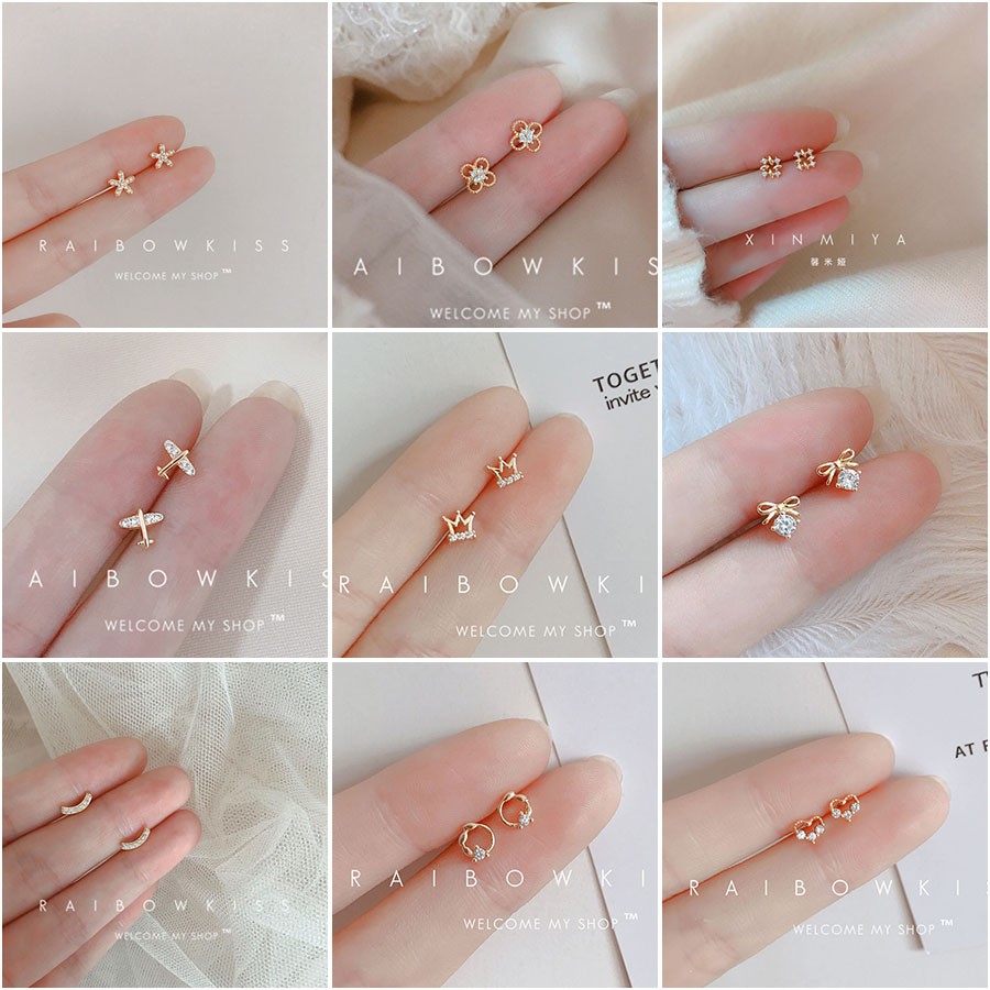 Anting Stud Mini Warna Emas Bahan 925 Silver Gaya Korea Untuk Wanita