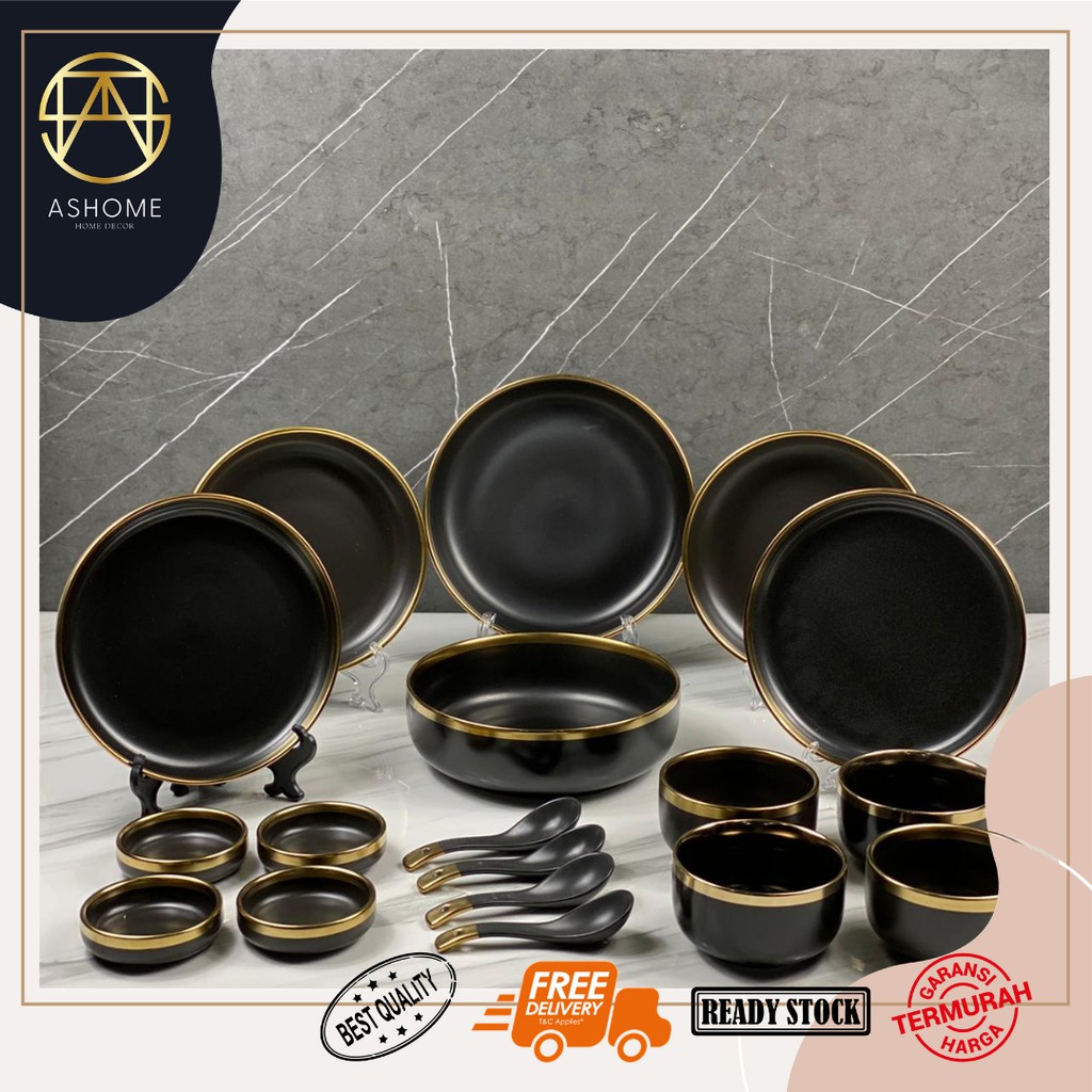 ASHOME Piring Set 4 Orang Piring Makan Set Keramik Black Gold Isi 18 Pcs / Piring Set Keramik List E