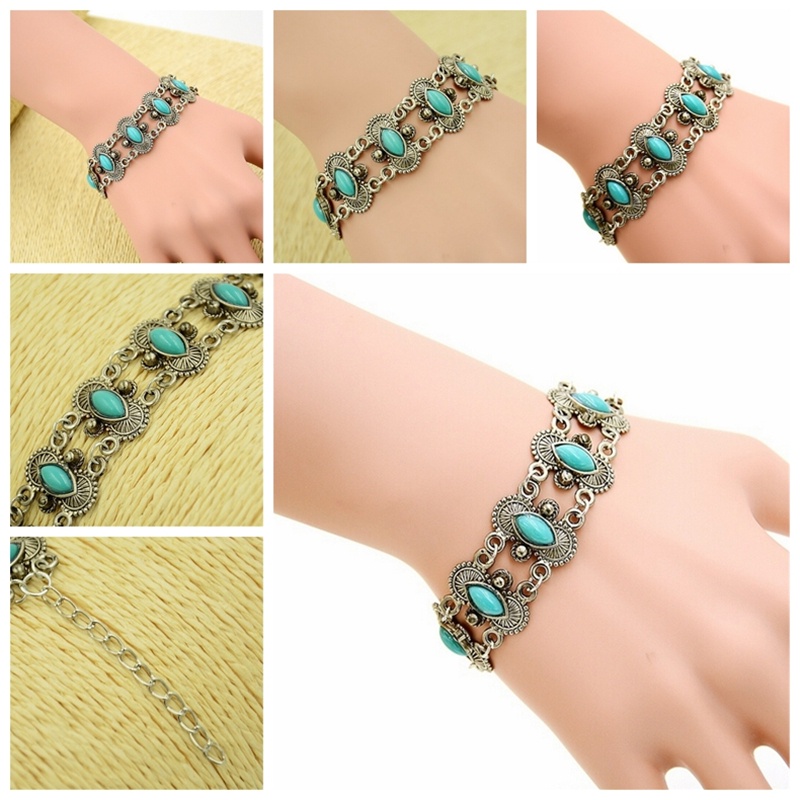 Gelang Tangan Silver Aksen Batu Turquoise Ala Bohemian Untuk Wanita