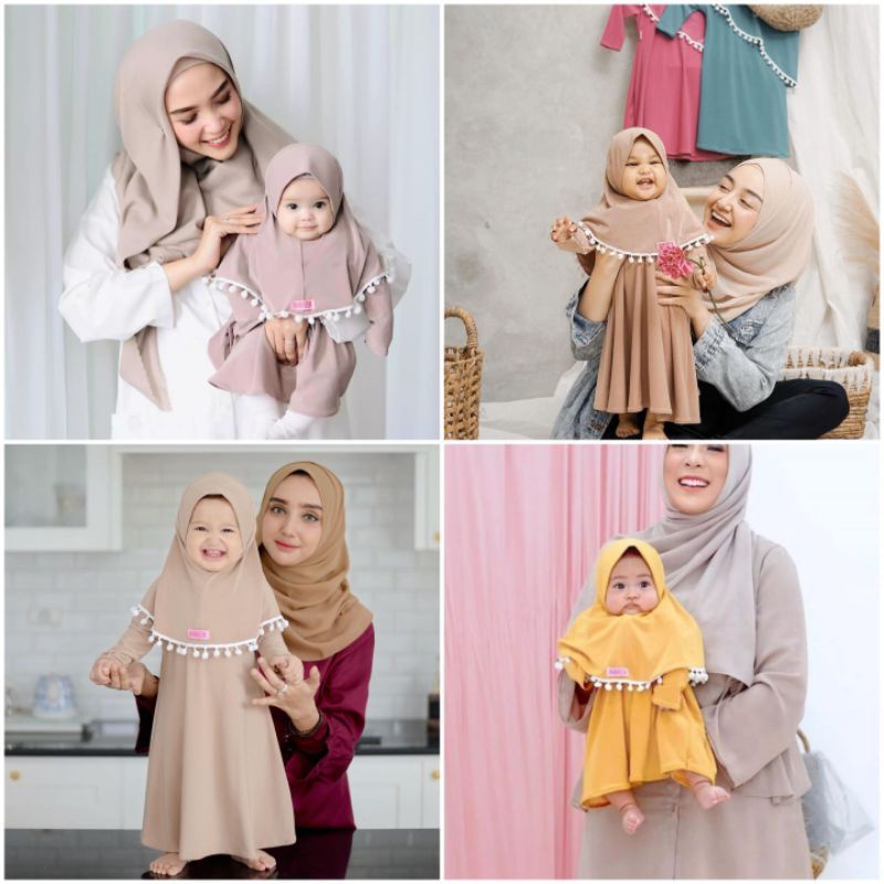 Baju Anak Perempuan Gamis Bayi Hijab Pom Pom 0-2 Tahun Katun Polos Adem Gemoy