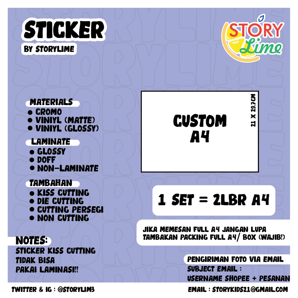 (HARGA PER SET) Sticker Custom ukuran A3, A4, A5, A6 (Sticker Label, sticker cutting, sticker deco, kpop, jpop, dll) By. STORY.LIME